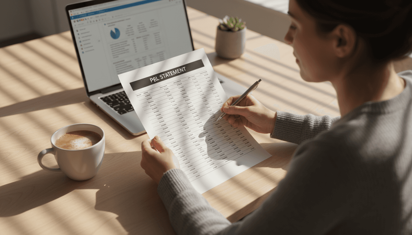 Small business owner reviewing financial reports at desk with morning light