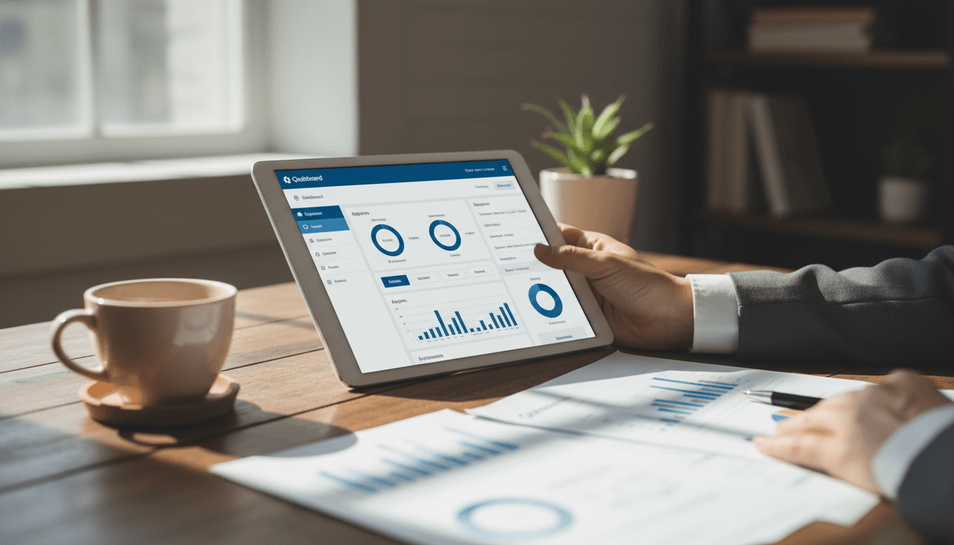 Professional hands holding tablet with QuickBooks Online dashboard at desk with financial reports