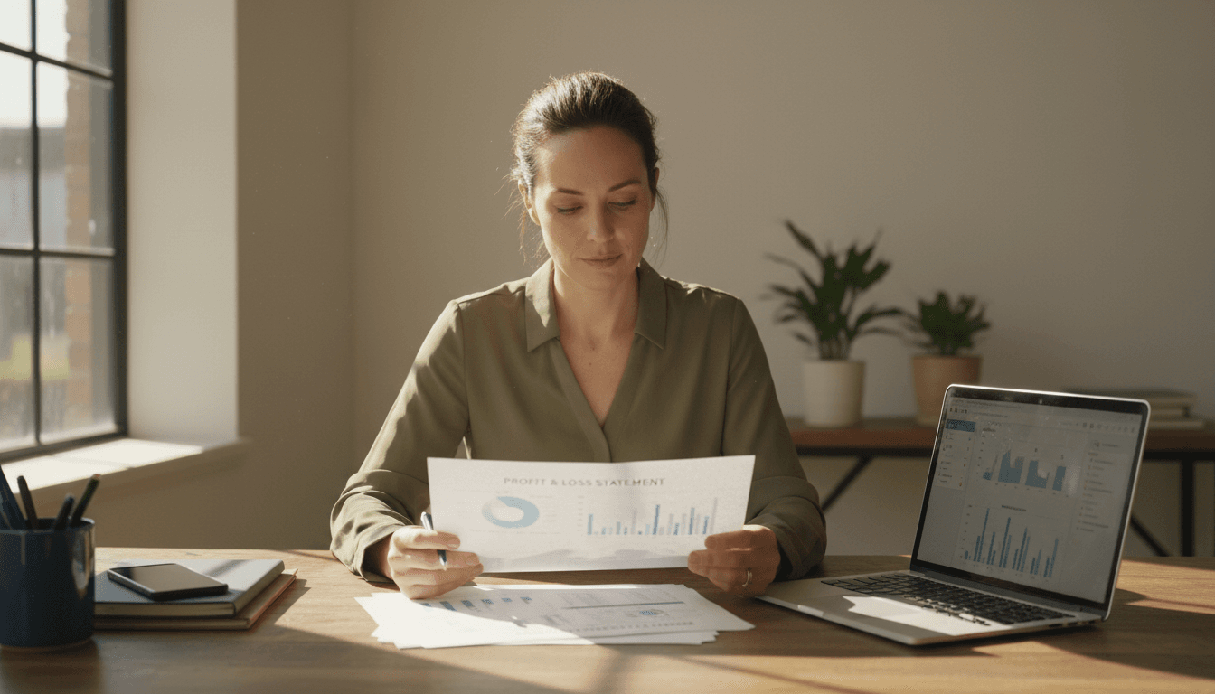 Small business owner reviewing monthly financial reports at desk