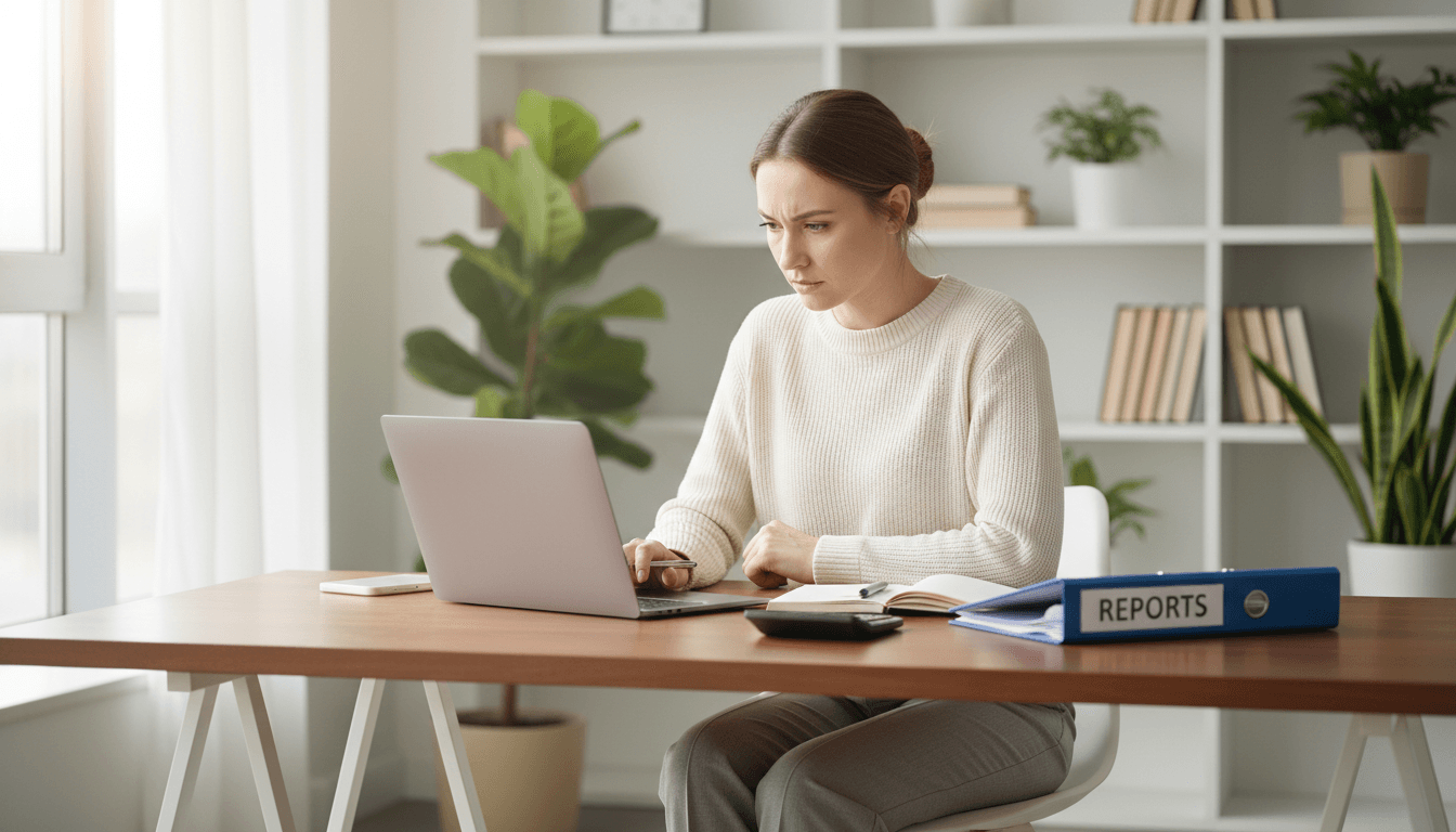 Business owner reviewing financial documents at her desk