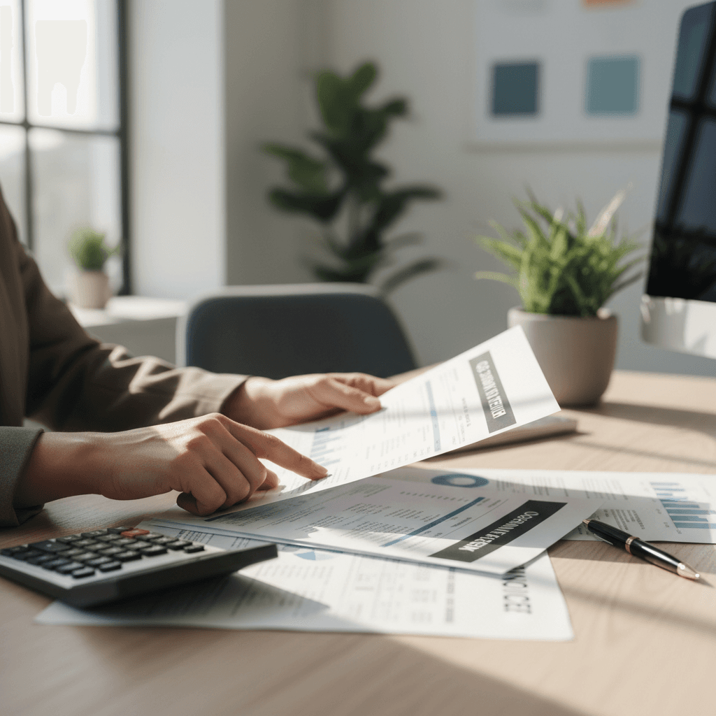 Small business owner's hands reviewing payment processing statements on wooden desk with calculator and pen