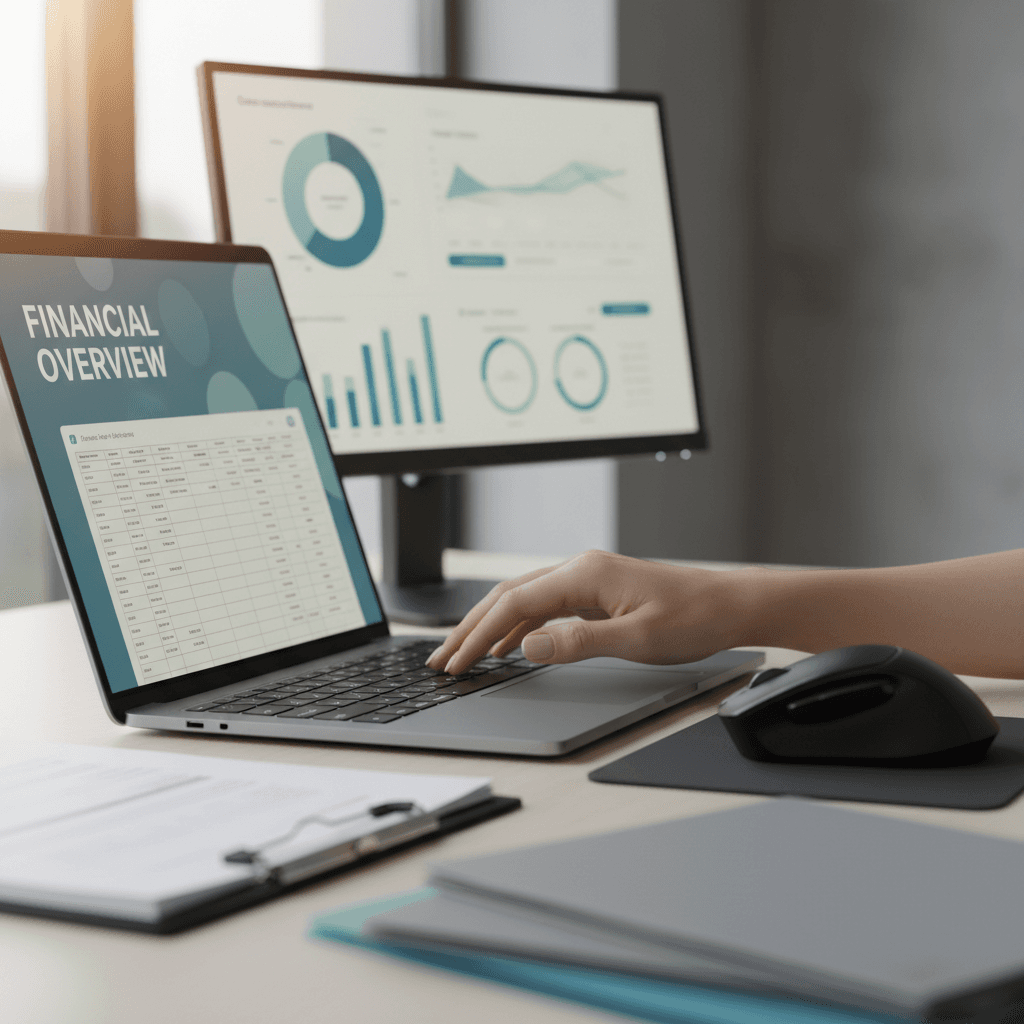 Accountant's hands typing on laptop keyboard with financial software and dashboard displays on multiple screens