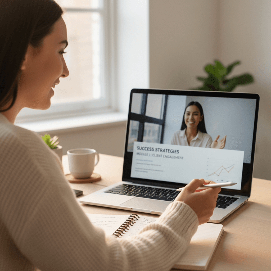Customer success coach visible on laptop screen during virtual training session with participant's face reflected in monitor