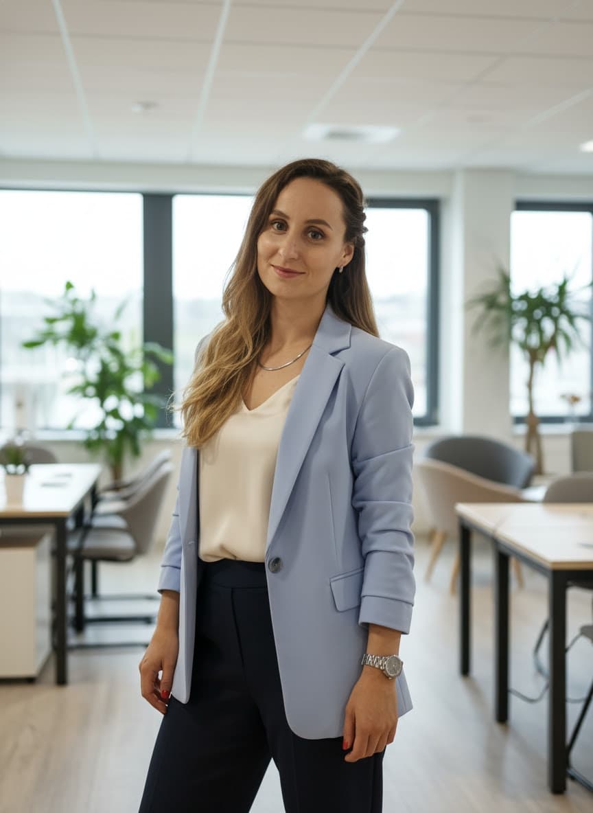 Professional woman smiling in a light blue blazer inside a bright, modern office.