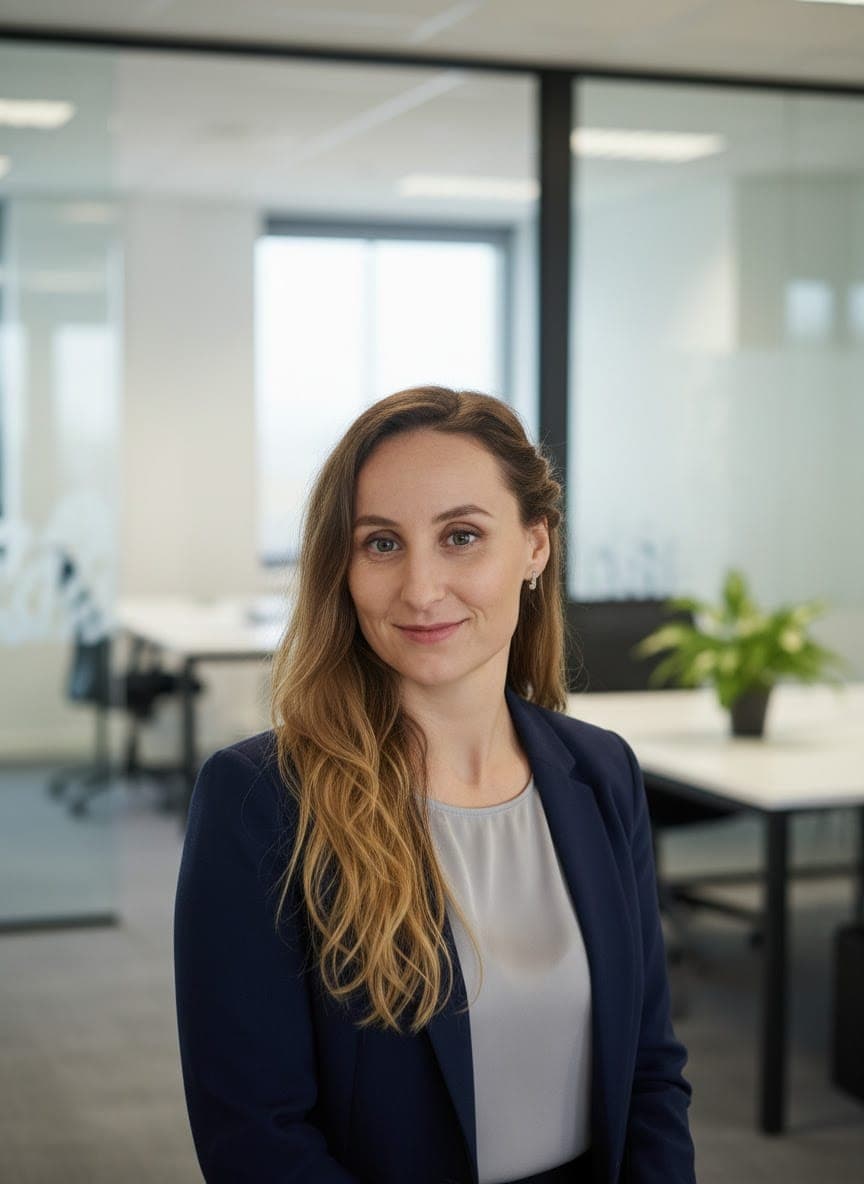 Smiling professional woman with long brown hair, wearing a navy blazer in an office.